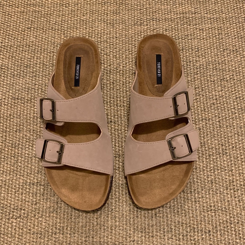 Buckle Platform Cork Sole Slide Sandals Nude Beige